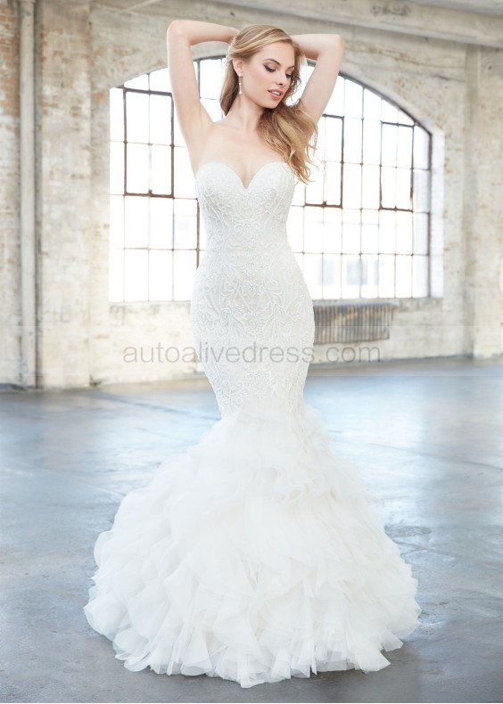 Strapless Beaded Ivory Lace Organza Ruffle Princess Wedding Dress